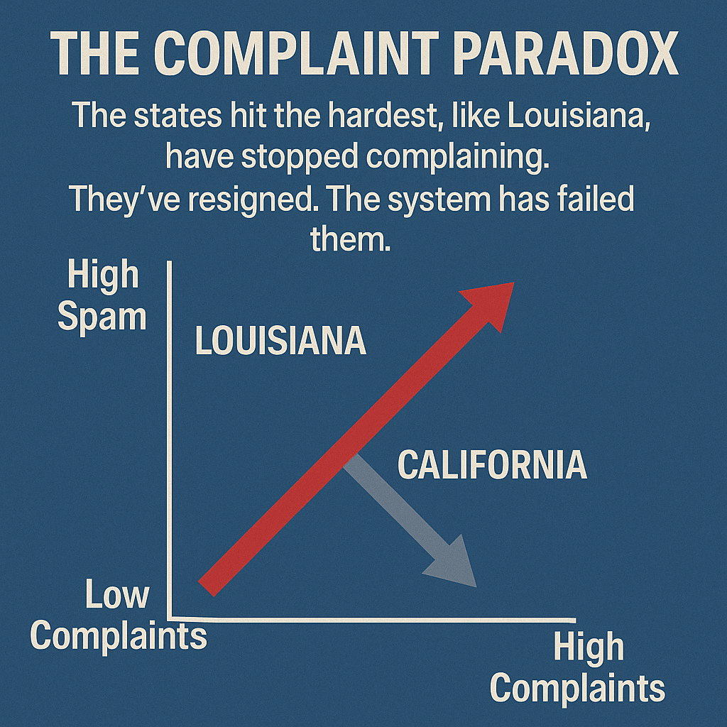 Graph showing the complaint paradox: Louisiana has high spam calls but low complaints, while California has lower spam but high complaints