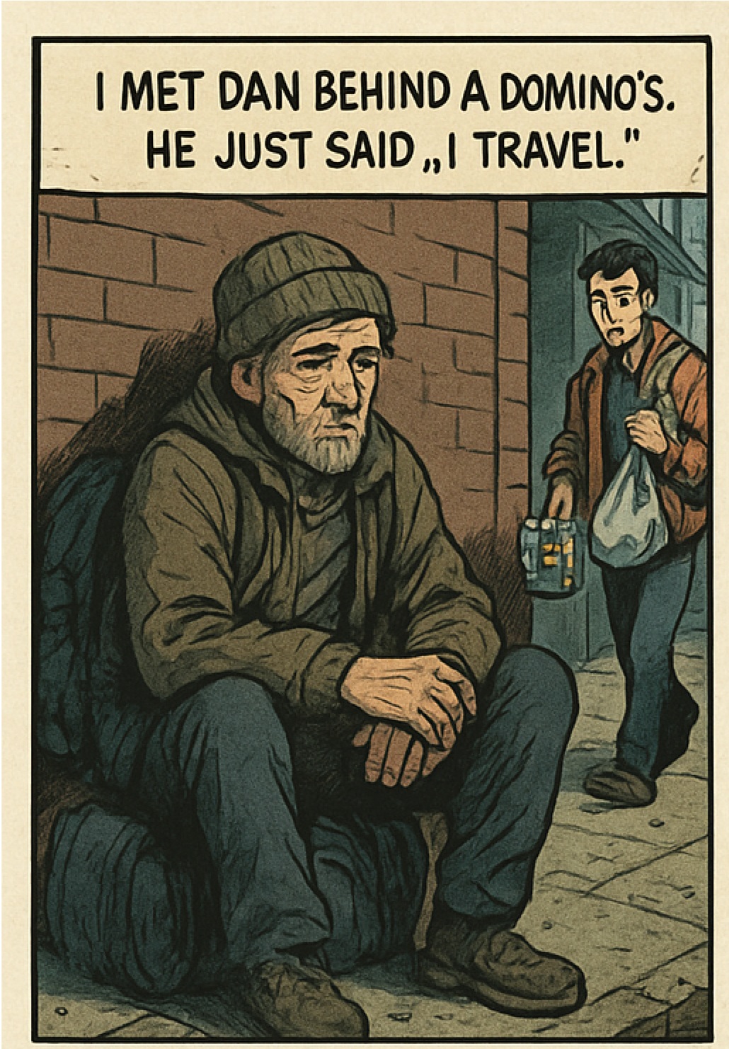 Panel 1: I met Dan behind a Domino’s. He just said, ‘I travel.’