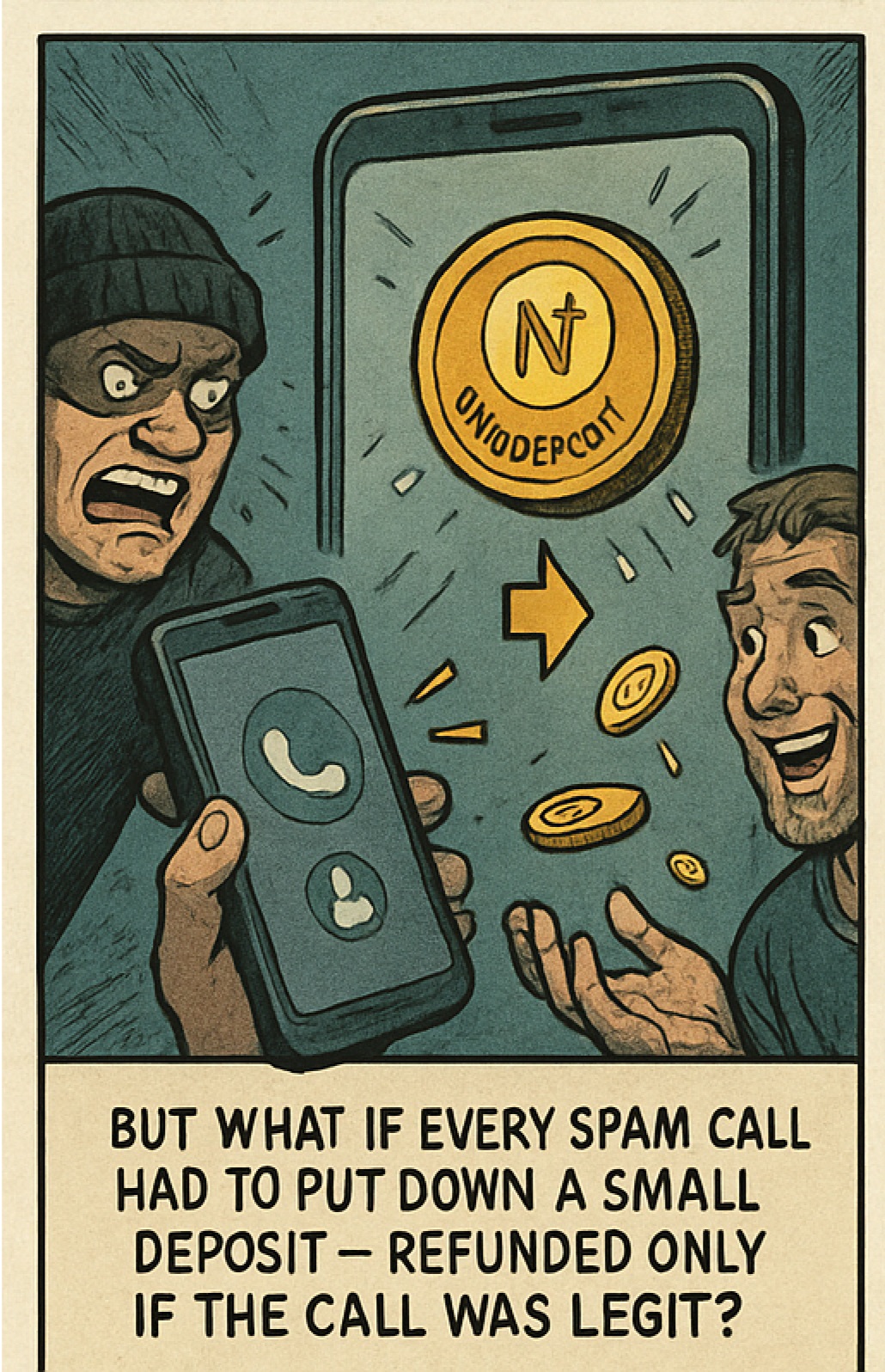 Panel 3: What if every spam call had to put down a small deposit—refunded only if the call was legit?