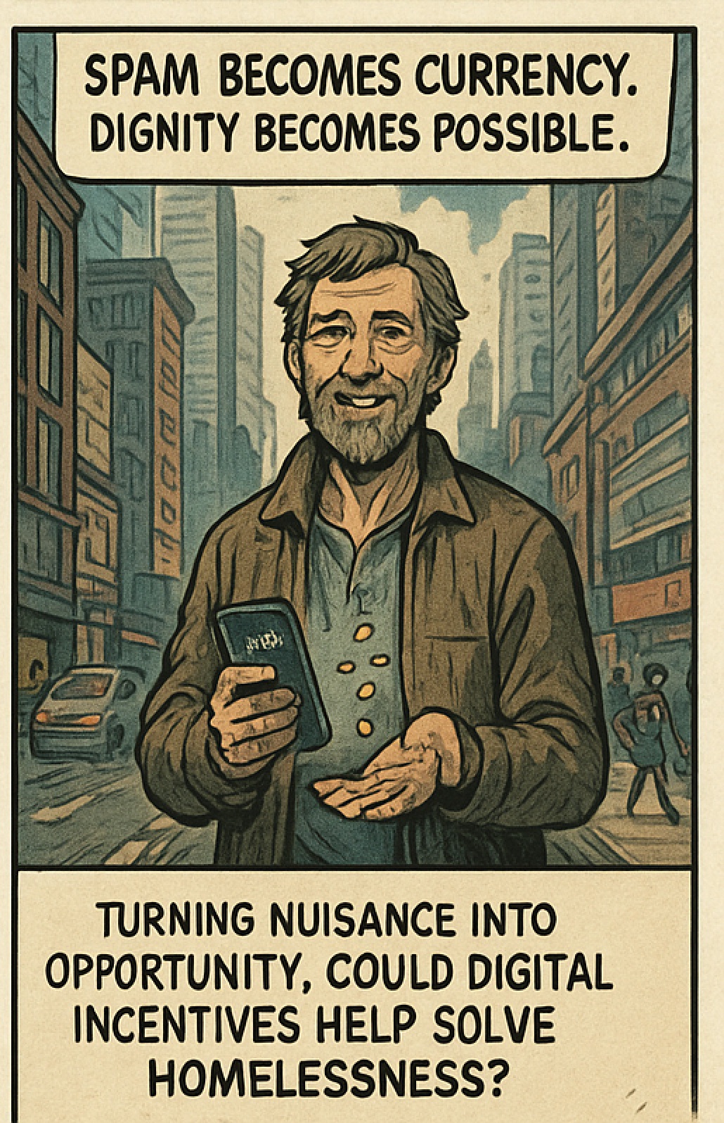 Panel 4: Spam becomes currency. Dignity becomes possible.