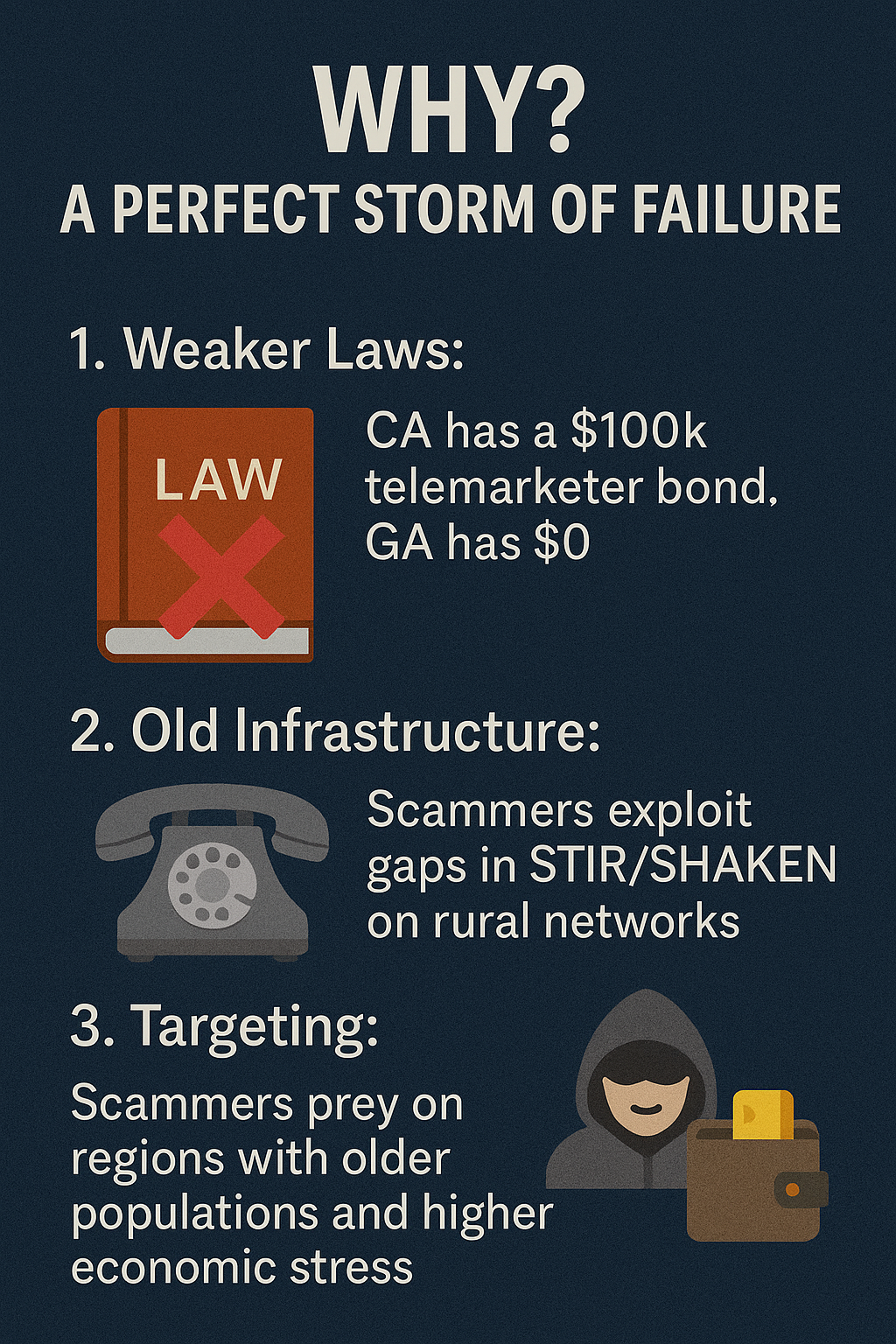 Infographic showing the three main reasons for the robocall crisis: weaker laws, old infrastructure, and demographic targeting
