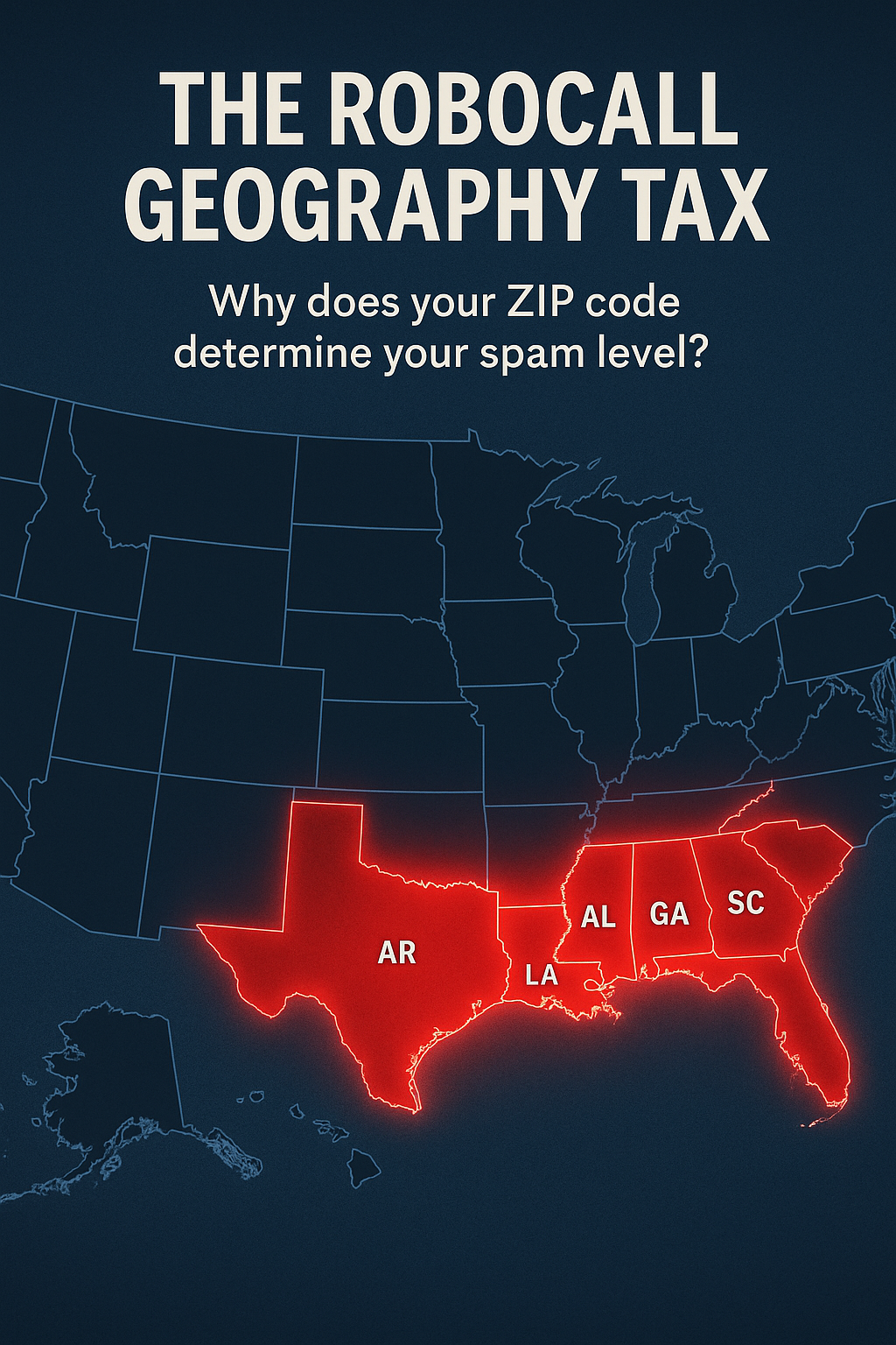 Heat map of the United States showing the robocall geography tax with southeastern states highlighted in red